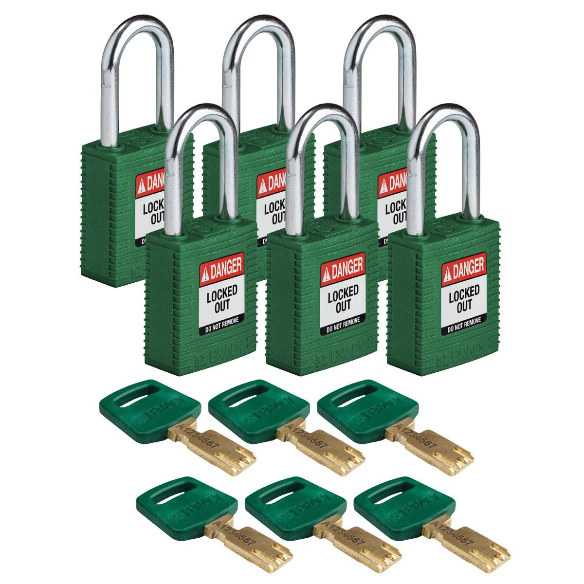 BRADY NYLON PADLOCK GRN STEEL SHKL 6/PK