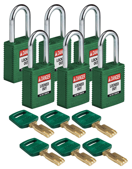 BRADY NYLON PADLOCK GRN STL SHKL KD 6/PK