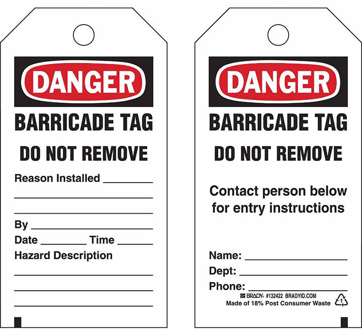 BRADY BARRICADE TAG BLK, RED ON WHT 25PK