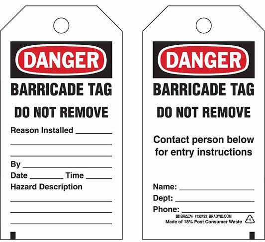BRADY BARRICADE TAG BLK, RED ON WHT 25PK