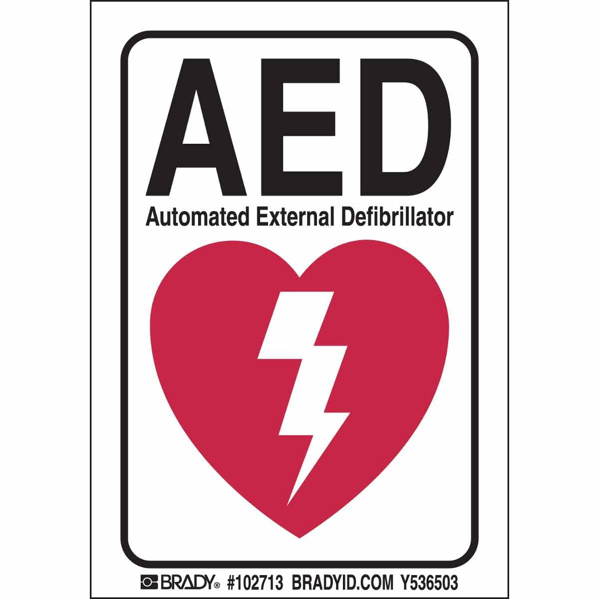 BRADY AED SIGN 5X3.5 BLACK, RED ON WHITE