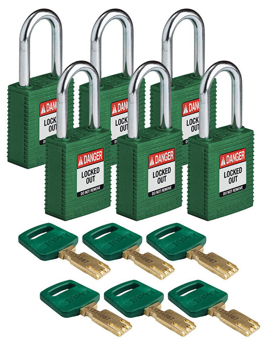 BRADY NYLON PADLOCK GRN STL SHKL KD 6/PK